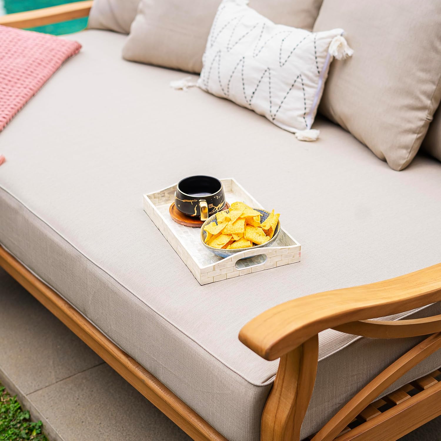 Teak Wood 3-Seater Outdoor Daybed with Beige Cushion