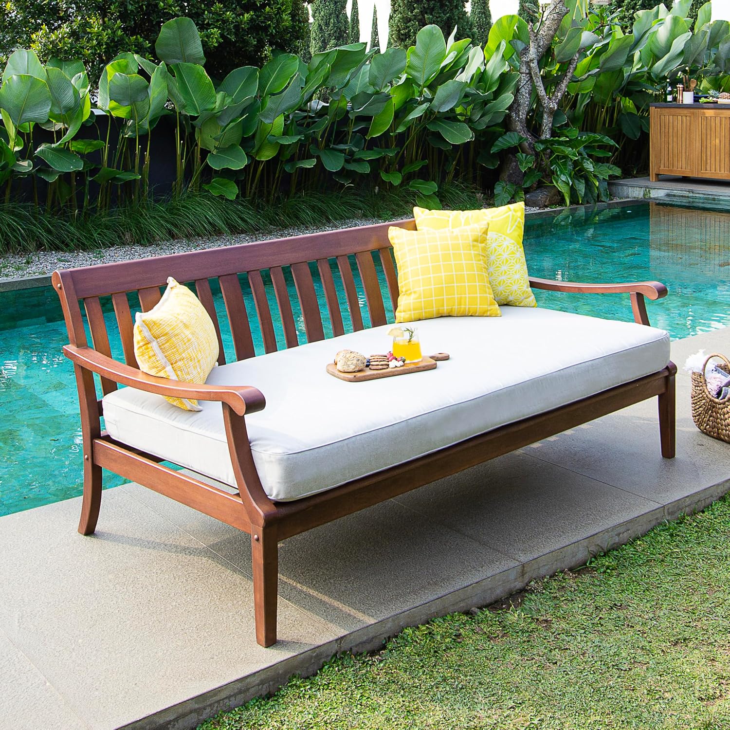 Natural Brown Oyster 3-Seater Outdoor Wood Daybed with Cushion